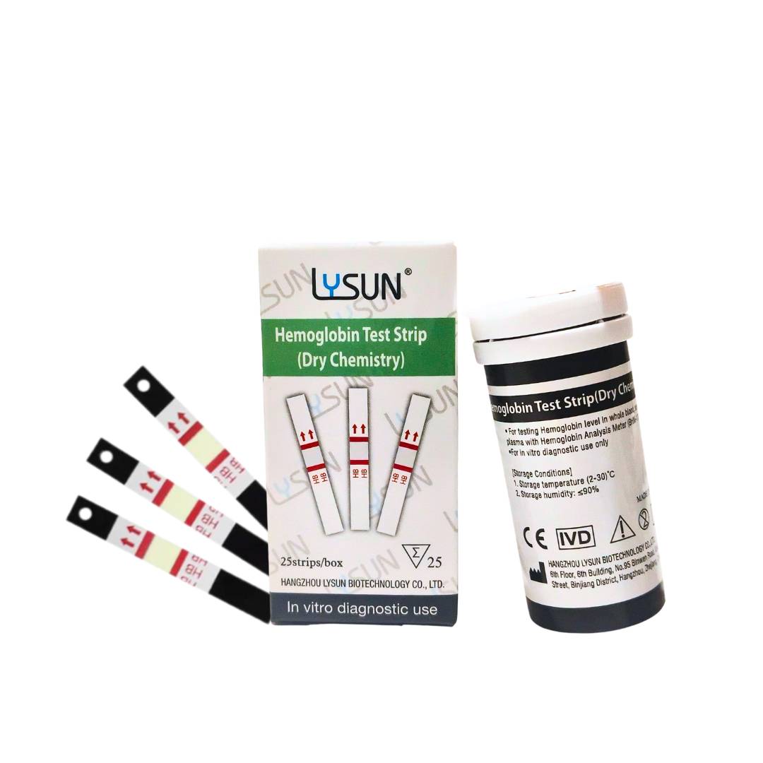 LYSUN Hemoglobin Test Strips 25 count — canister, box and individual strips showing storage and compatibility details