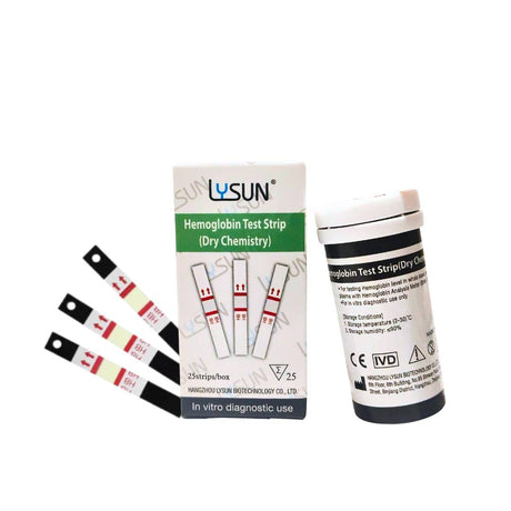 LYSUN Hemoglobin Test Strips 25 count — canister, box and individual strips showing storage and compatibility details