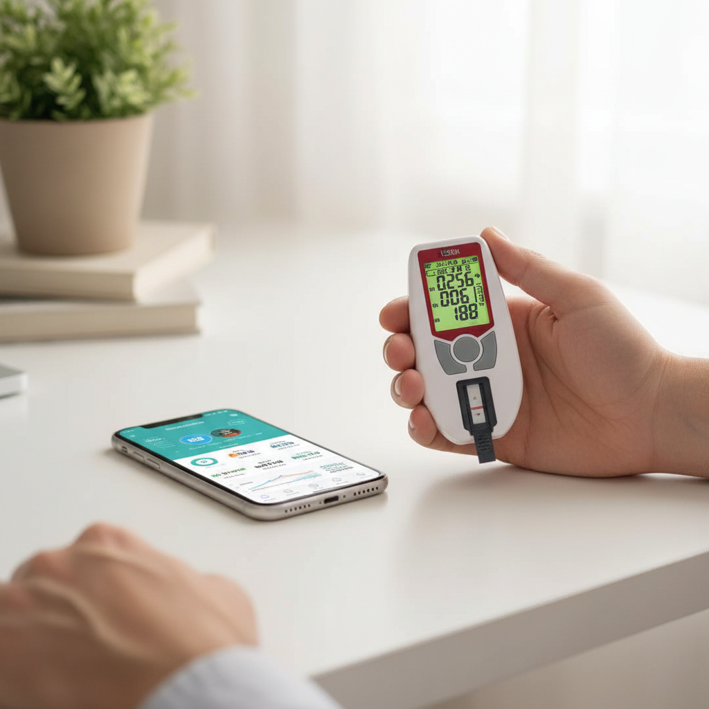 Person using 3-in-1 kidney wellness test meter at home with smartphone app displaying health data
