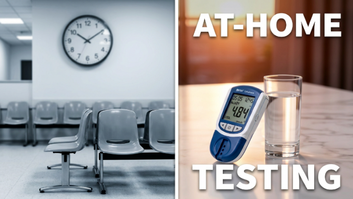 A split-screen graphic promoting at-home testing. The left side shows an empty clinic waiting room with rows of chairs and a wall clock.